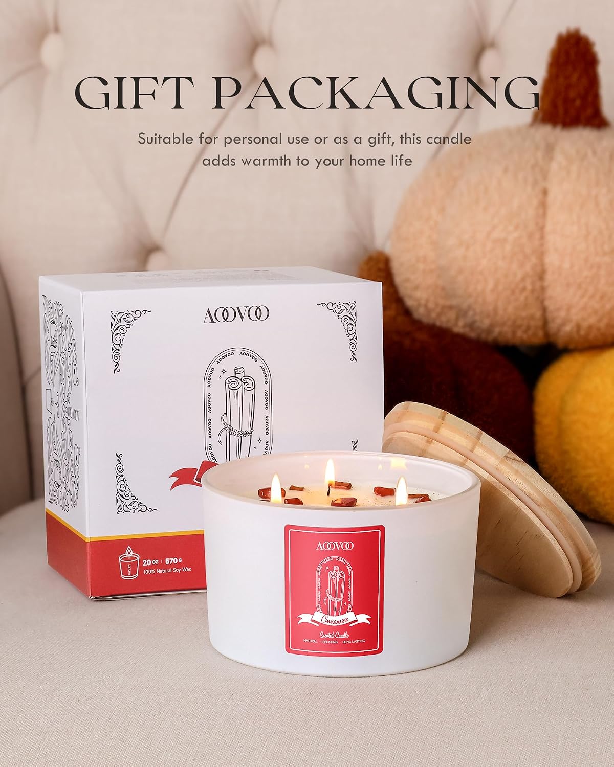 AOOVOO 3 Wick Apple Cinnamon Scented Candles for Women - 20oz